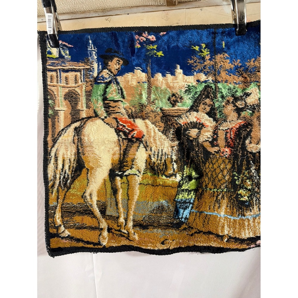 Vintage Spanish Courtyard Velvet Tapestry 17.5" Mid Century Horse Valance Mat